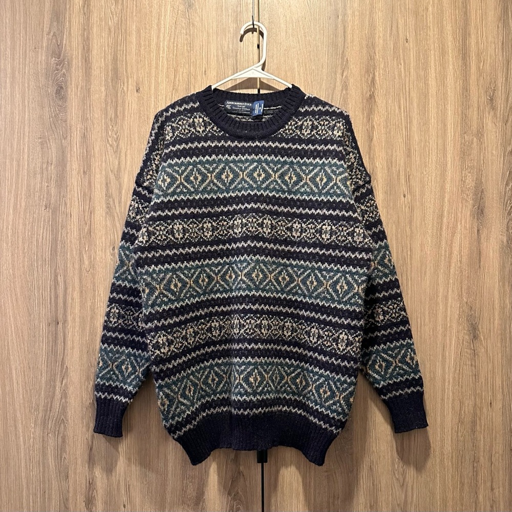 Vintage Abercrombie Wool Navy Blue Green Fair Isle Crew Neck Sweater Size M